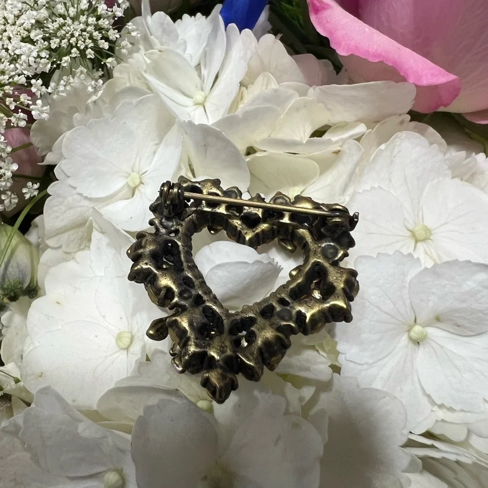 Vintage Pink Purple and Green Heart Brooch with Floral Design